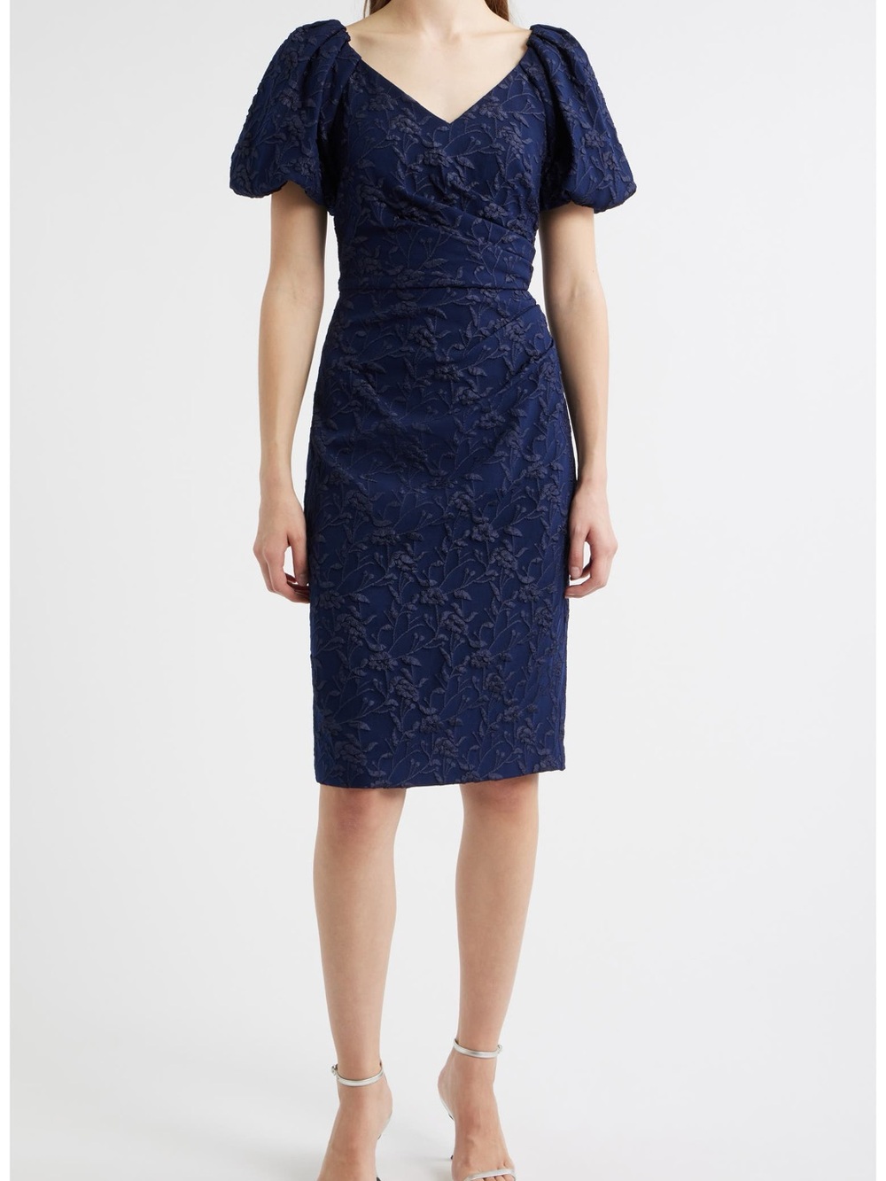 Eliza J Navy Embroidered V-Neck Puff-Sleeve Sheath Dress